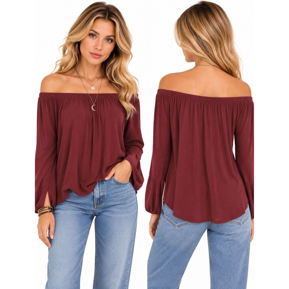Cloth & Stone 100% Rayon Off Shoulder Hi Low Top Women Burgundy L Boho Witchy